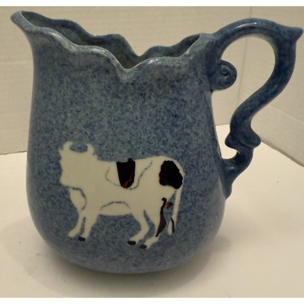 Splatterware Blue SpongeWare Cow Ironstone Country Farmhouse Pitcher 6.75"H-7"L